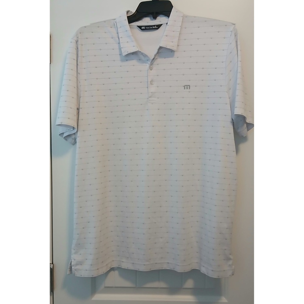 Travis Mathew Mens XXL White Grey Striped Dot Performance Golf Polo Shirt